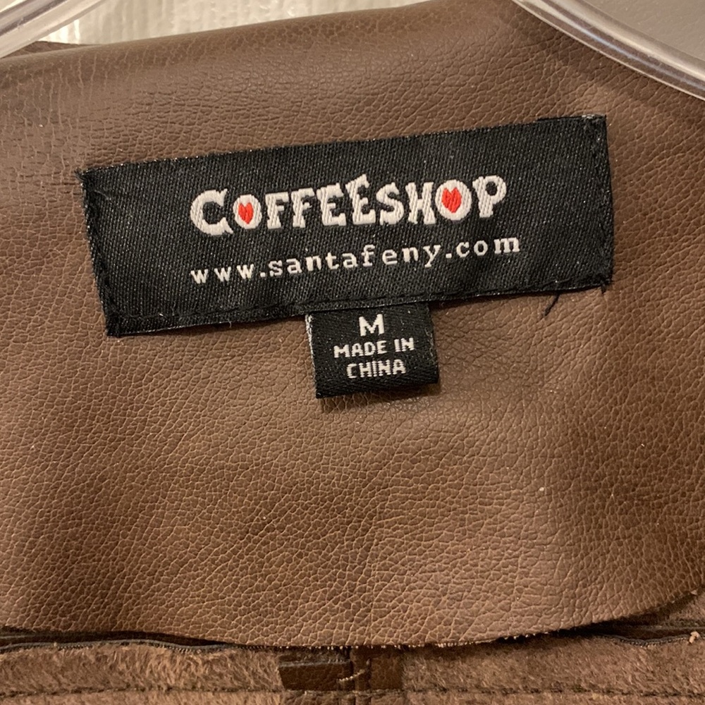 COFFEESHOP FAUX LEATHER JACKET BROWN/wFRINGE SZ M CROPPED 100%POLY-ZIP WRIST - Picture 5 of 9